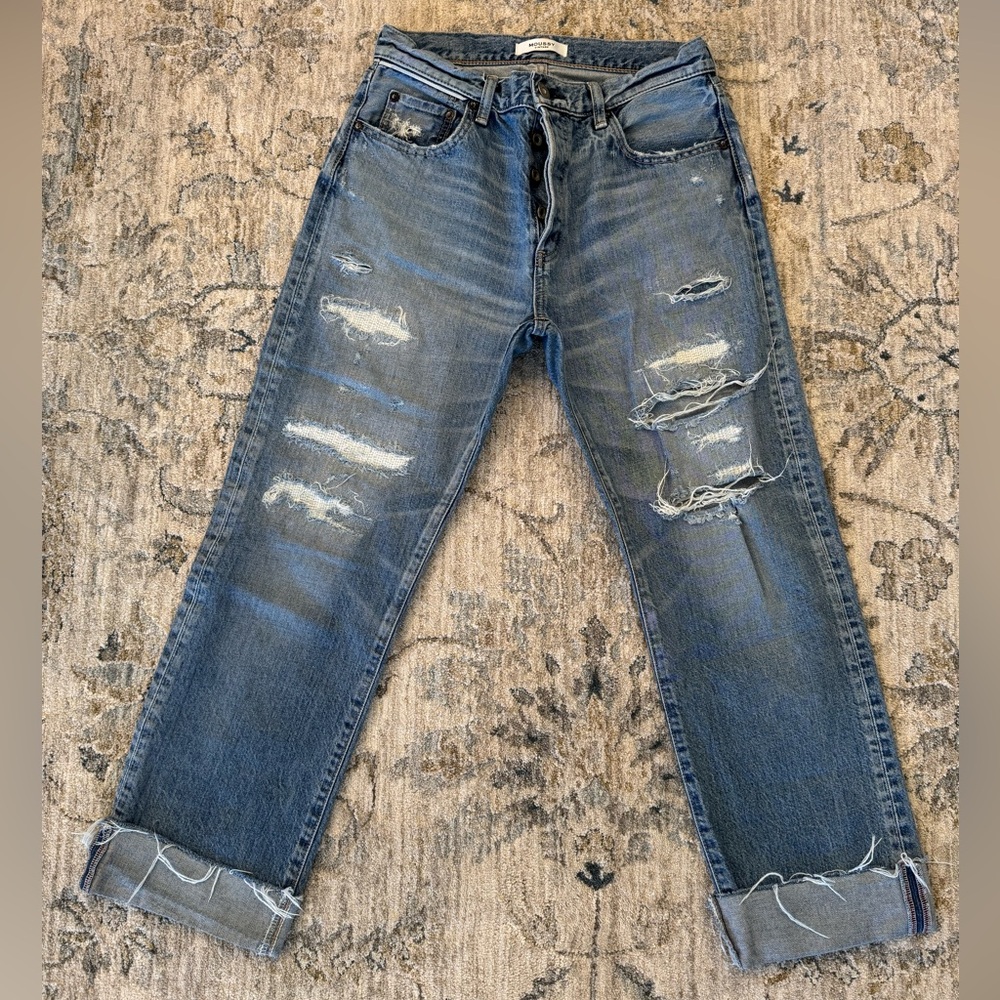 Moussy Vintage Distressed Blue Boyfriend Jeans with Frayed Cuffs